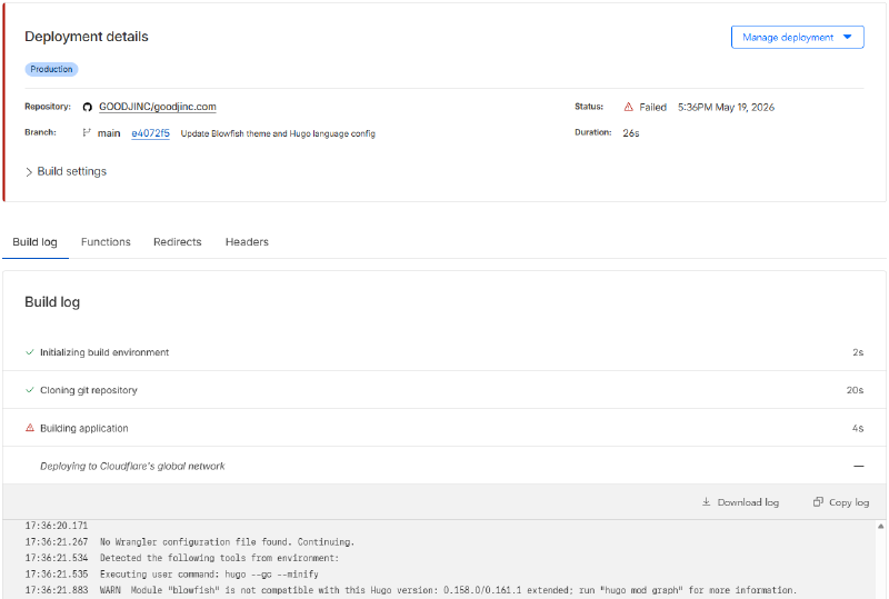 Cloudflare Pages build log screen showing deployment failed due to can't evaluate field Locale error