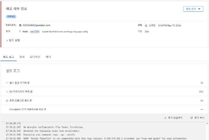 Cloudflare Pages 빌드 로그에서 can't evaluate field Locale 에러로 인해 배포가 실패한 화면