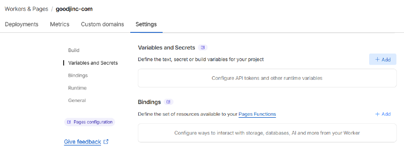 Screenshot selecting the Environment variables tab in Cloudflare Pages project settings menu