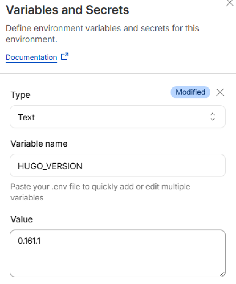 Screenshot entering HUGO_VERSION as variable name and 0.161.1 as value in Cloudflare environment variable settings