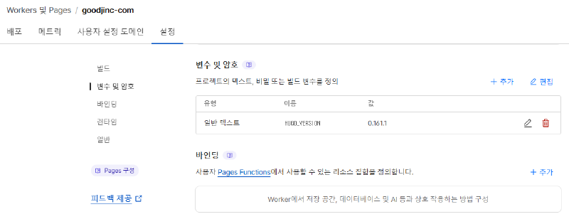 Cloudflare 환경 변수 설정에 성공한 뒤 적용된 모습