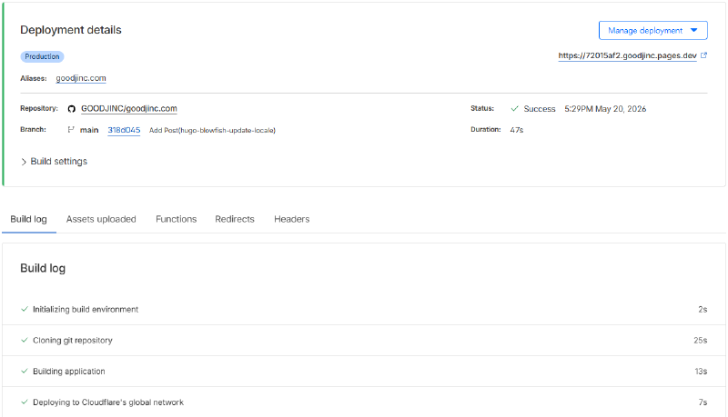 Screenshot showing the Cloudflare Pages build completed successfully after applying the environment variable