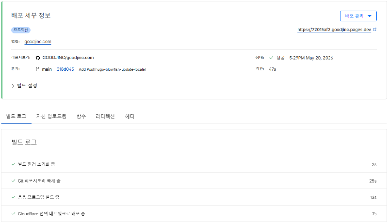 환경 변수 적용 후 Cloudflare Pages 빌드가 성공적으로 완료된 화면