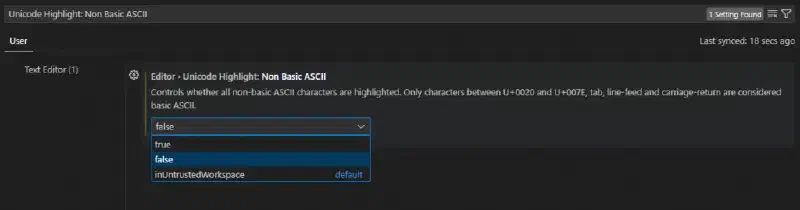 VS Code 설정에서 Unicode Highlight: Non Basic ASCII 옵션을 해제하는 화면