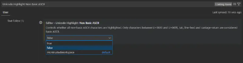 VS Code 설정에서 Unicode Highlight: Non Basic ASCII 옵션을 해제하는 화면